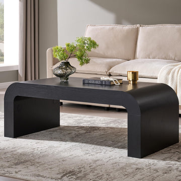 48" Modern Curved Coffee Table, Wood Minimalist Center Table, Black