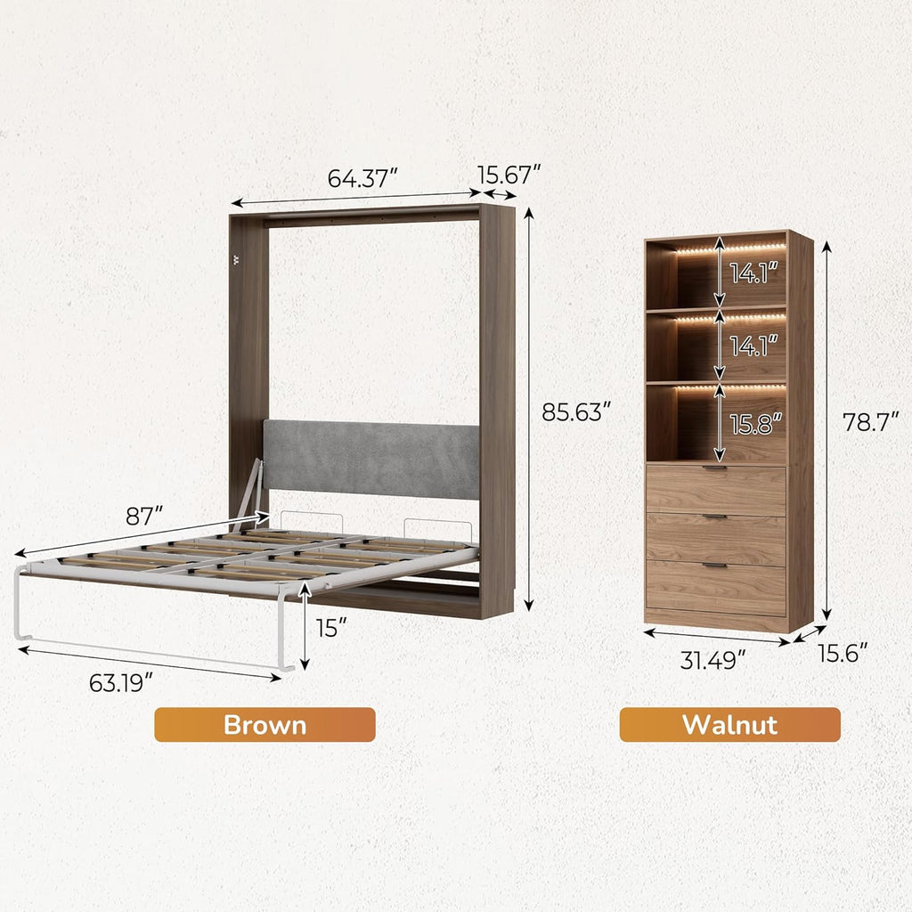 Queen Murphy Bed,Farmhouse Guest Beds,Folding Wall Bed with Hydraulic Bar,64" W Twin Murphy Beds with 2 LED Storage