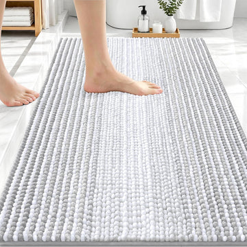 Bathroom Rugs 30x20, Soft Chenille Striped Bath Rugs, Light Grey | Extra Absorbent, Rubber Backing, Machine Wash Dry
