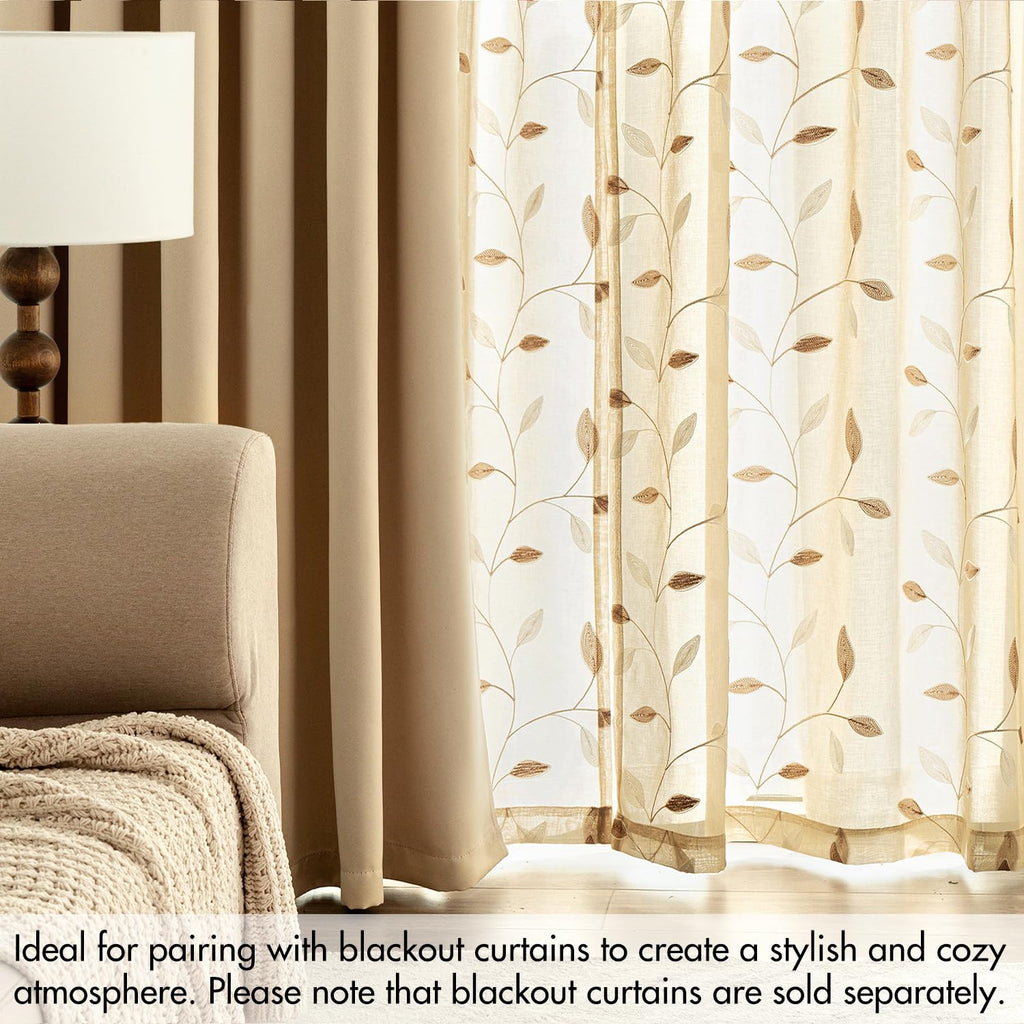 Beige Sheer Curtains 2 Panels Embroidered Leaf Patterned, W52 x L84