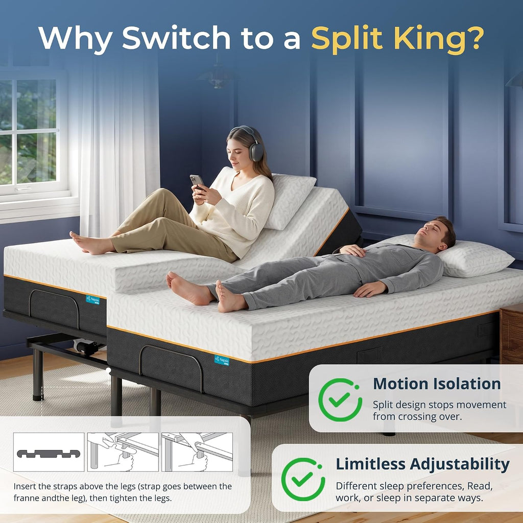Adjustable Bed Frame Split King, Remote, Quiet Motor, Easy Assembly