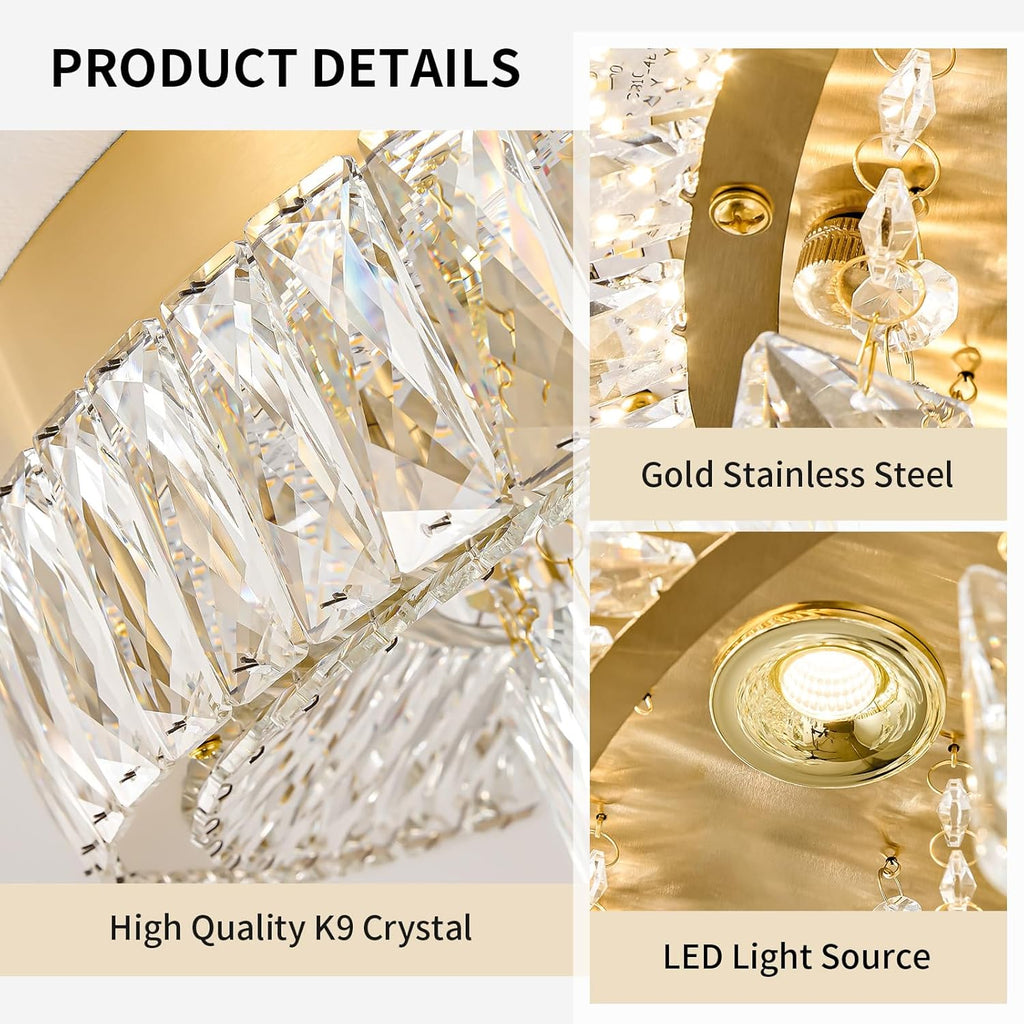 Modern LED Gold Crystal Chandelier: Flush Mount Crystals Ceiling Light With Remote - 24" Round Crystal Chandeliers