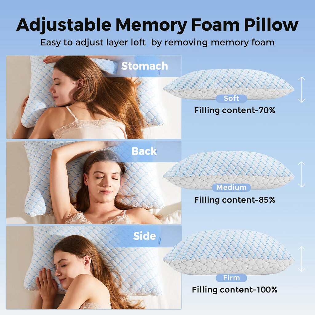 King Size Pillows Set of 2, Shredded Memory Foam Pillows, Cooling Pillow King 2 Pack, Foam Pillow for Sleeping