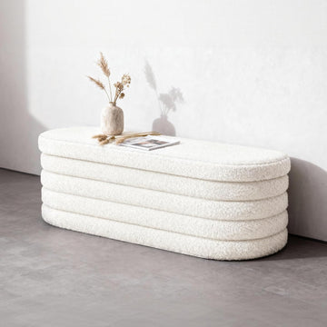 Storage Ottoman Bench, 43" Entryway Shoe Seat, Sherpa White | Upholstered Oval Ottoman with Storage, End of Bed Stool