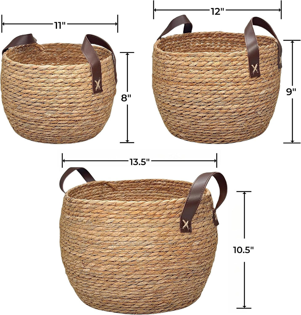 Round Seagrass Storage Baskets Woven Wicker Planter Baskets for Decor | Decorative Basket for Blankets, Plants