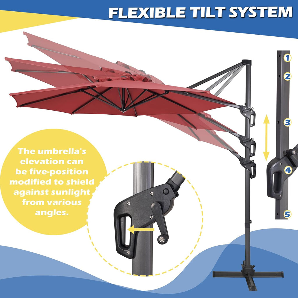 10Ft Cantilever Patio Umbrella, 360° Rotation & Integrated Tilting System Offset Umbrella with 8 Sturdy Ribs - Red