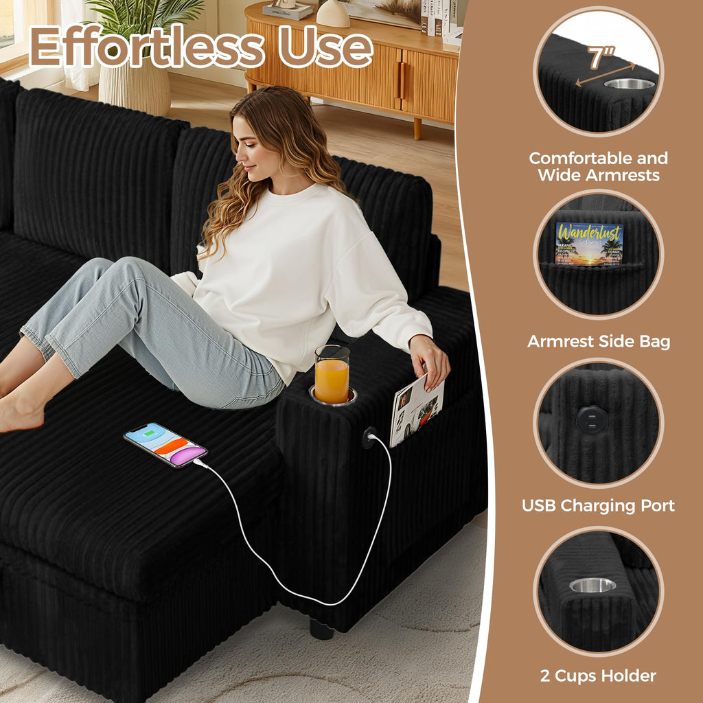 82.5" Pull Out Sleeper Sofa Bed with Storage Chaise, Black