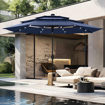 10ft Patio Umbrella with Light, Outdoor Large Auto-Tilt 3 Tier Market Table Umbrellas with 8 Sturdy Ribs and 1.5" Pole