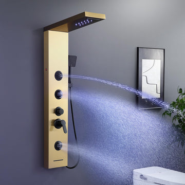 6 in 1 LED Rainfall Waterfall Shower Panel Tower System Brushed Gold
