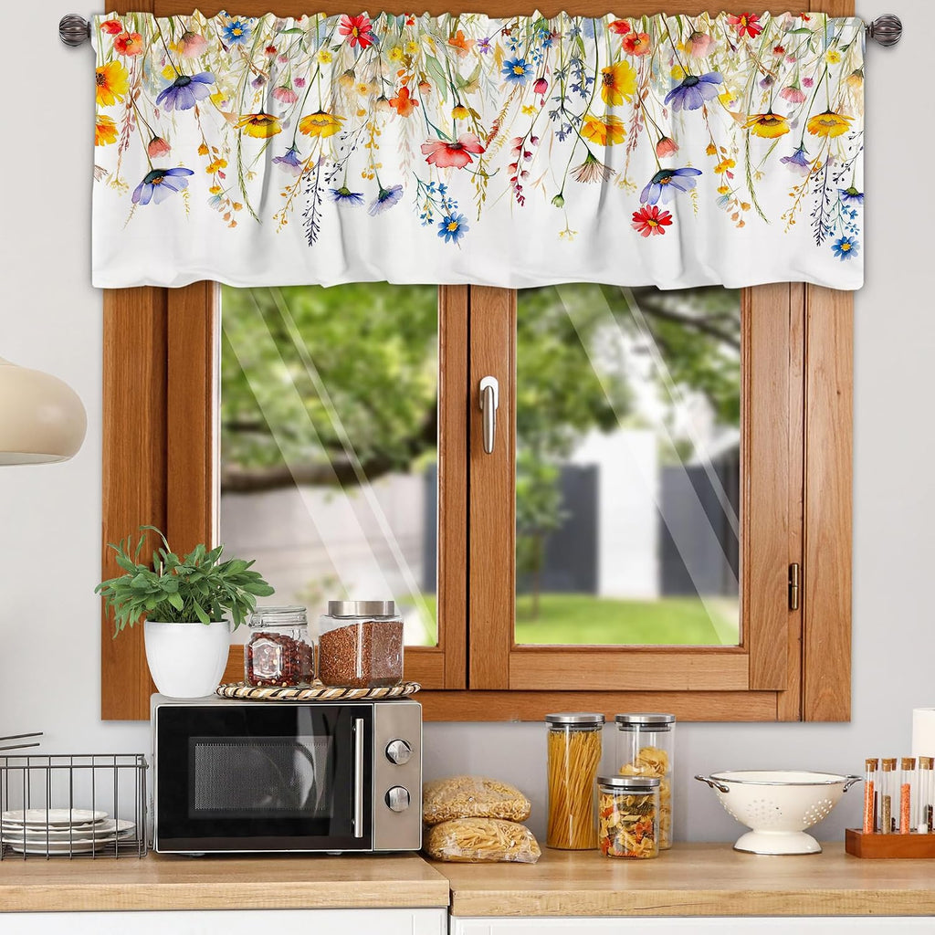 3 Piece Spring Kitchen Curtains and Valances Set for Window | Summer Floral Cafe Curtain 36 Inch Length Black & White