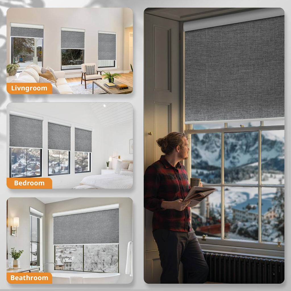 Motorized Black Blinds, Automatic Roller Shades Grey "
