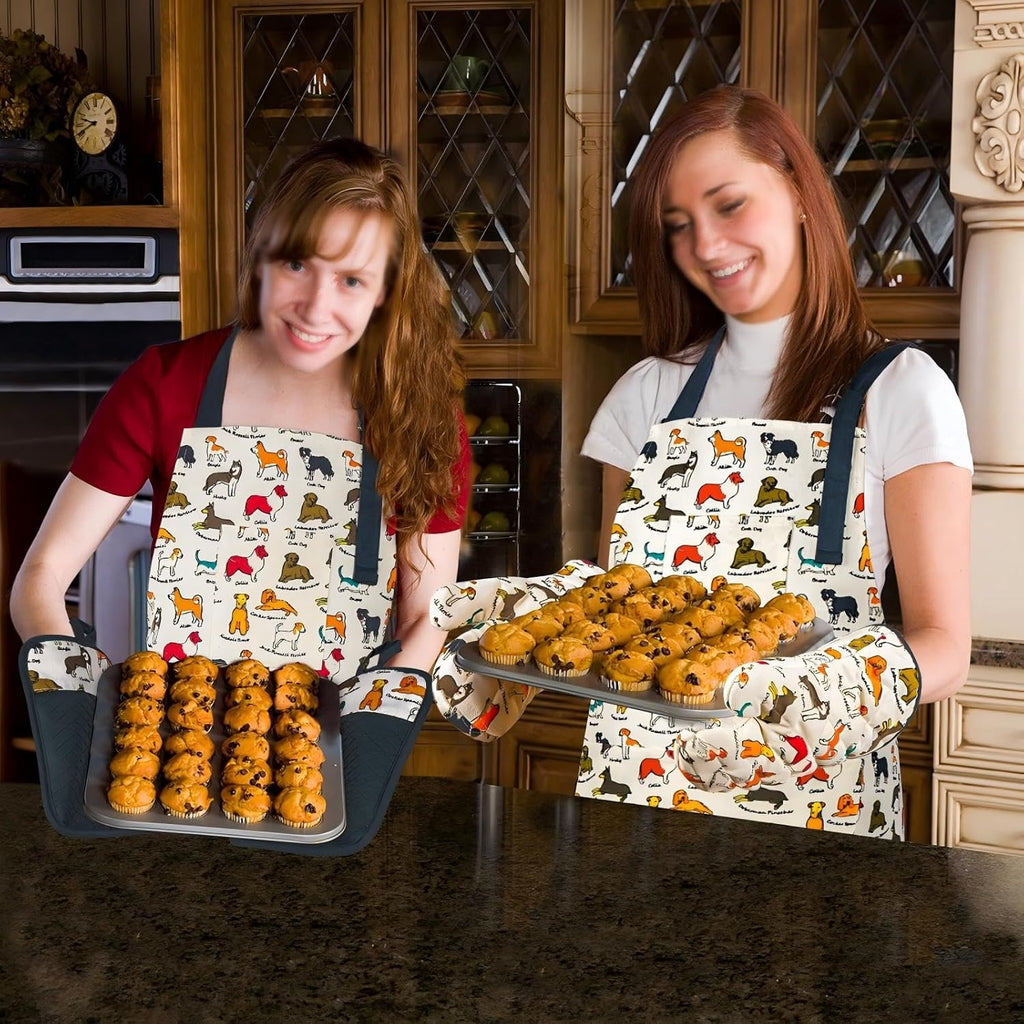 Oven Mitts and Pot Holders with Chef Apron,Kitchen Set of 5 | Heat Resistant Kitchen Gloves and Silicone Non-Slip