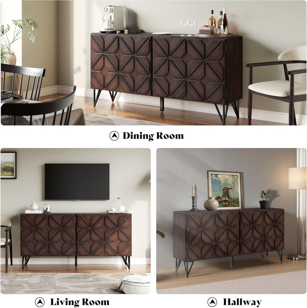 63” Solid Acacia Wood Sideboard Buffet Cabinet, Hand-Carved Geometric Door Console with Adjustable Shelves for Hallway