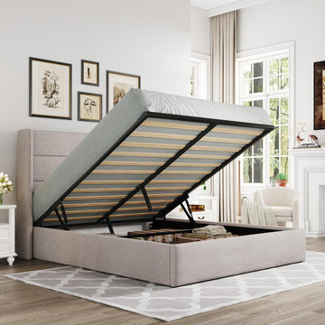 Full Lift Up Storage Bed, Modern Wingback Headboard, Hydraulic Support, No Box Spring Needed, Light Beige