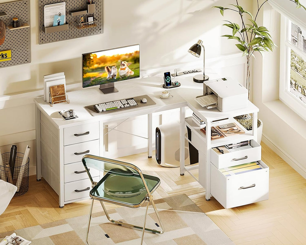 L Shaped Computer Desk with 6 Drawers & Power Outlet, 55 Inch Corner Desk with Reversible Storage Shelf & File Drawer