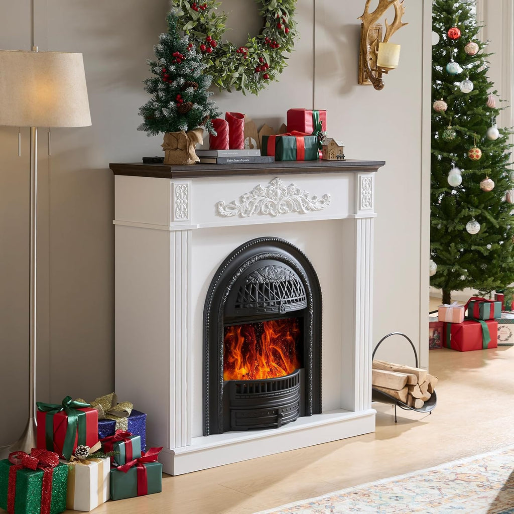 45" Electric Fireplace with Mantel,Farmhouse FreeStanding Electric Fireplace Heater Entertainment Center Wooden TV