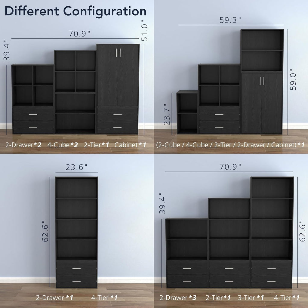 3-Tier Stackable Wood Bookcase with Doors, Cube Storage Organizer Shelves, Small Food Pantry Cabinet