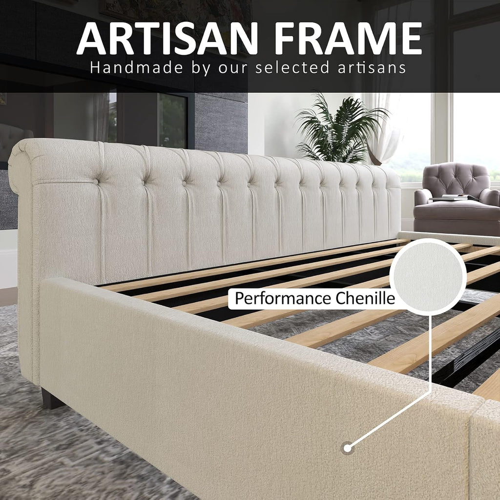 Queen Platform Bed Frame, Chenille Upholstered Sleigh Bed with Scroll Wingback Headboard & Footboard/Button Tufted/No