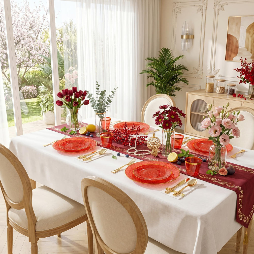 175 Pcs Red Gold Plastic Dinnerware Set (25 Guests) for Christmas
