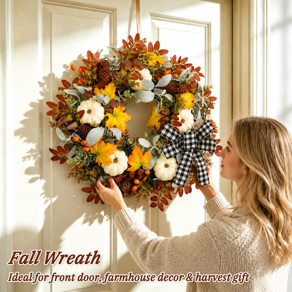 22 Inch Fall Wreath for Front Door with Artificial Pumpkin Bow