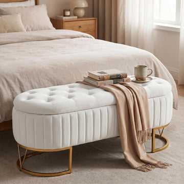 Velvet Oval Upholstered End of Bed Bench with Golden Metal Legs, 46' Modern Tufted Storage Ottoman Bench , Window