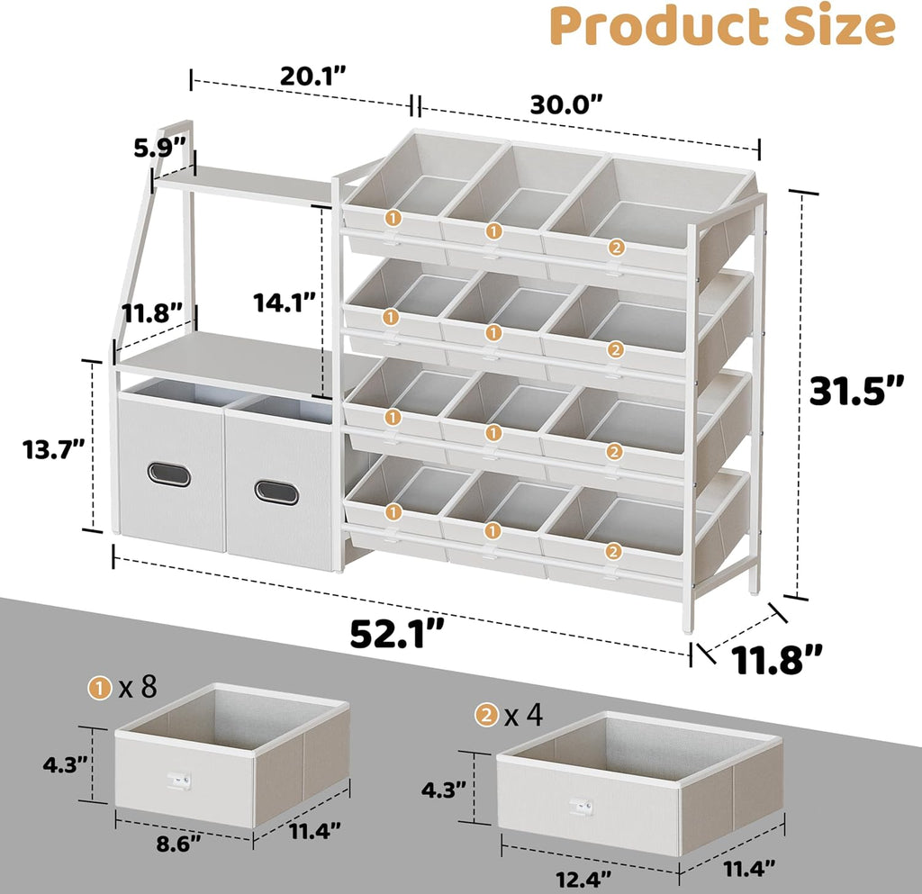 Kids Toy Storage Organizer - Toy Shelf , Kids Room | 12 Removable Fabric Bins, 2 Boxes & 2-Tier Bookshelves