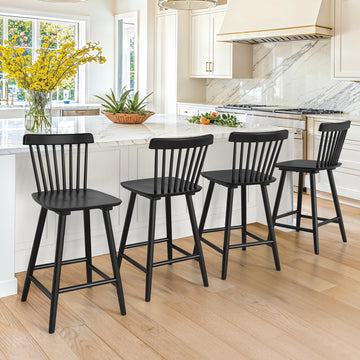 Upgraded Windsor Wooden Black Bar Stools Set of 4, 24 Inch Counter Height Barstools with Spindle Back/Bigger Seat