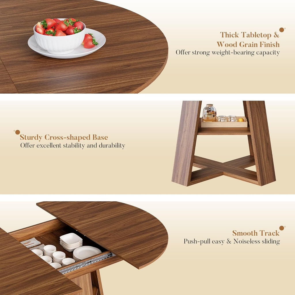43.3in-59in Extendable Round Dining Table for 4-8 People, Modern Oval Kitchen Table with Storage Shelf & Removable