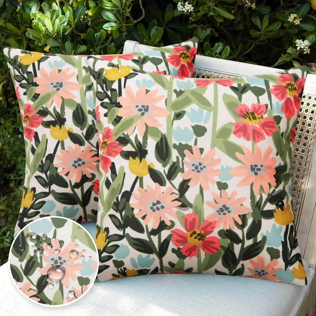 Outdoor Pillows Covers Pack of 2 Spring Summer Floral Waterproof Throw Pillow Covers 18X18 inch Outdoor Pillows