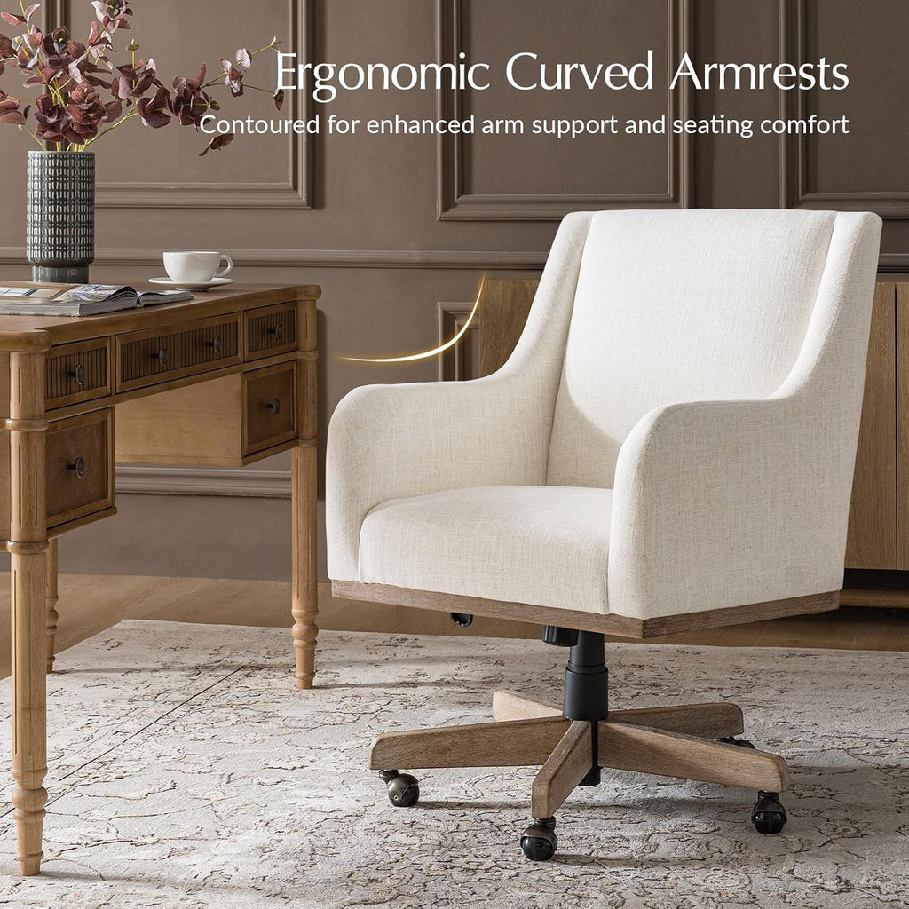 Wood Upholstered Home Office Desk Chair with Curved Armrests, Farmhouse Adjustable Height 360° Swivel Wide Seat
