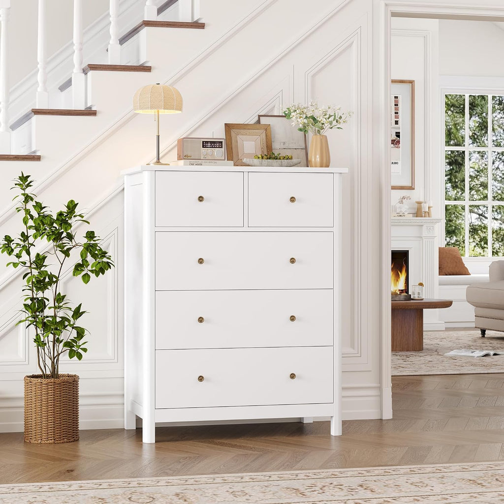 White Dresser with 5 Drawers, Tall Chest of Drawers, 5 Drawer Dresser with Deep Space, Wood Storage Cabinet , White
