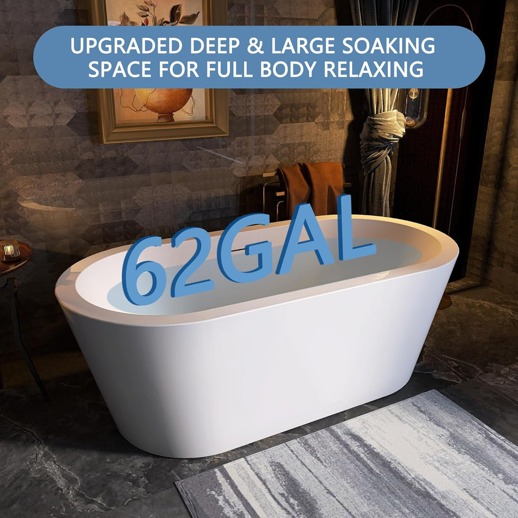 61 in. x 31 in.Classic Oval Acrylic Free Standing Tub, Heavy Duty Deep Soaking Tub, Bathroom Stand Alone Tub