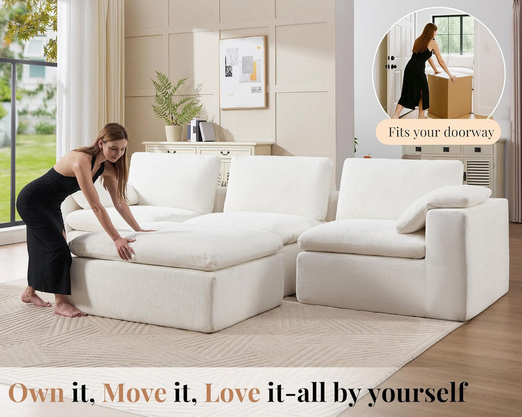 120" Cloud Modular Sectional Sofa, No-Assembly Oversized Chenille Couch with 76.4" Extra-Deep Chaise, Modern White