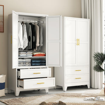 71" H Metal Armoire Wardrobe Closet with 2 Drawers, Adjustable Shelve, Clothes Drying Pole, Steel Wardrobe Cabinet