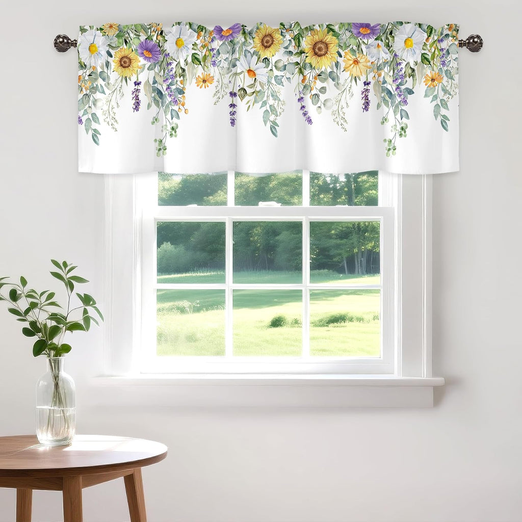Spring Wildflower Flower Valance for Windows,Window Treatment Curtains Rod Pocket Sheer Small Short Valance
