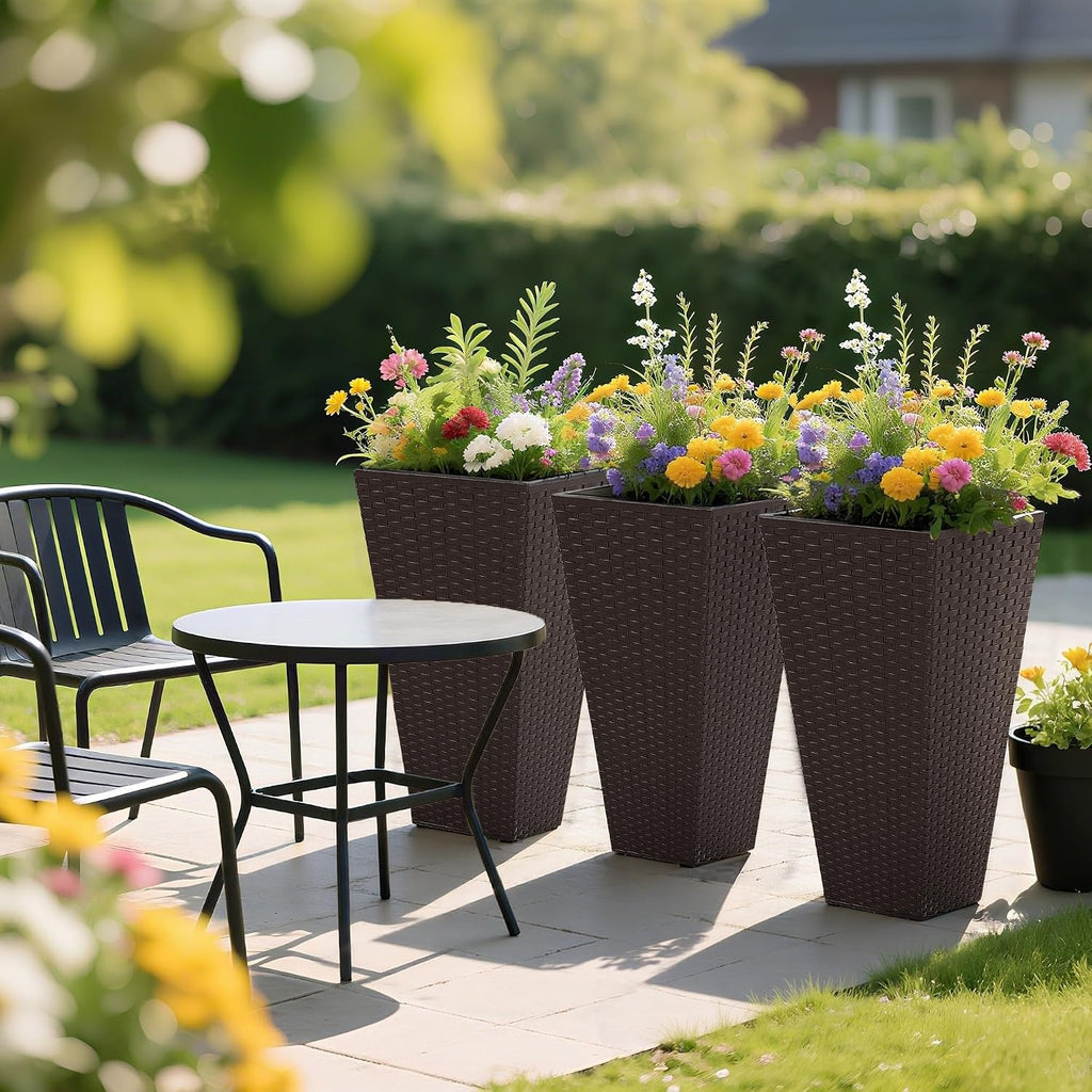 24 in Taper Tall Planters for Outdoor Plants Set of 3, Brown | with Drainage Holes, Rattan Decor Plant Pots, Indoor