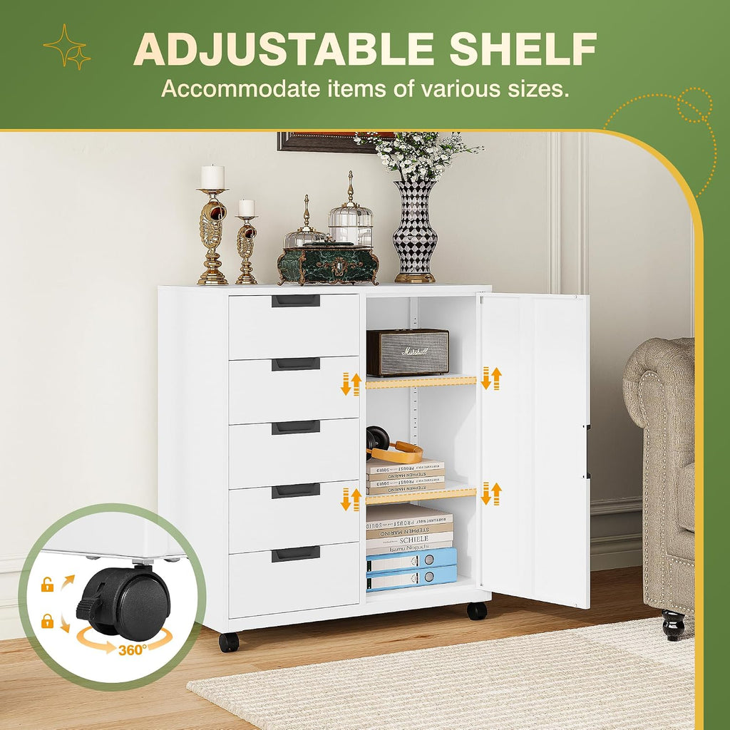 5-Drawer Metal Storage Cabinet with Adjustable Shelves and Wheels, Printer Stand with Storage, Craft Organizers and