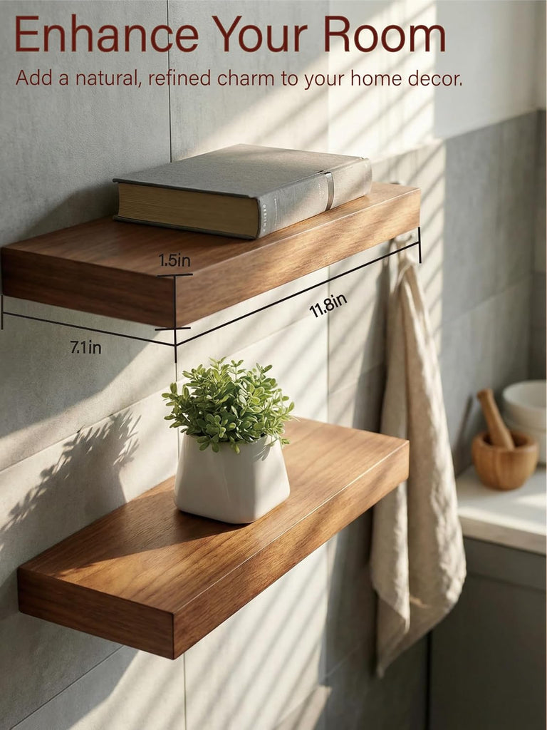 Solid Wood Floating Shelves,11.8in Finished Real Wood Wall Shelves with Heavy-Duty Hidden Bracket, Easy Installation