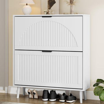 Shoe Storage Cabinet with 2 Flip Drawers, Narrow Wood Shoe Organizer Cabinet with Fluted Panel, Slim Shoe Rack