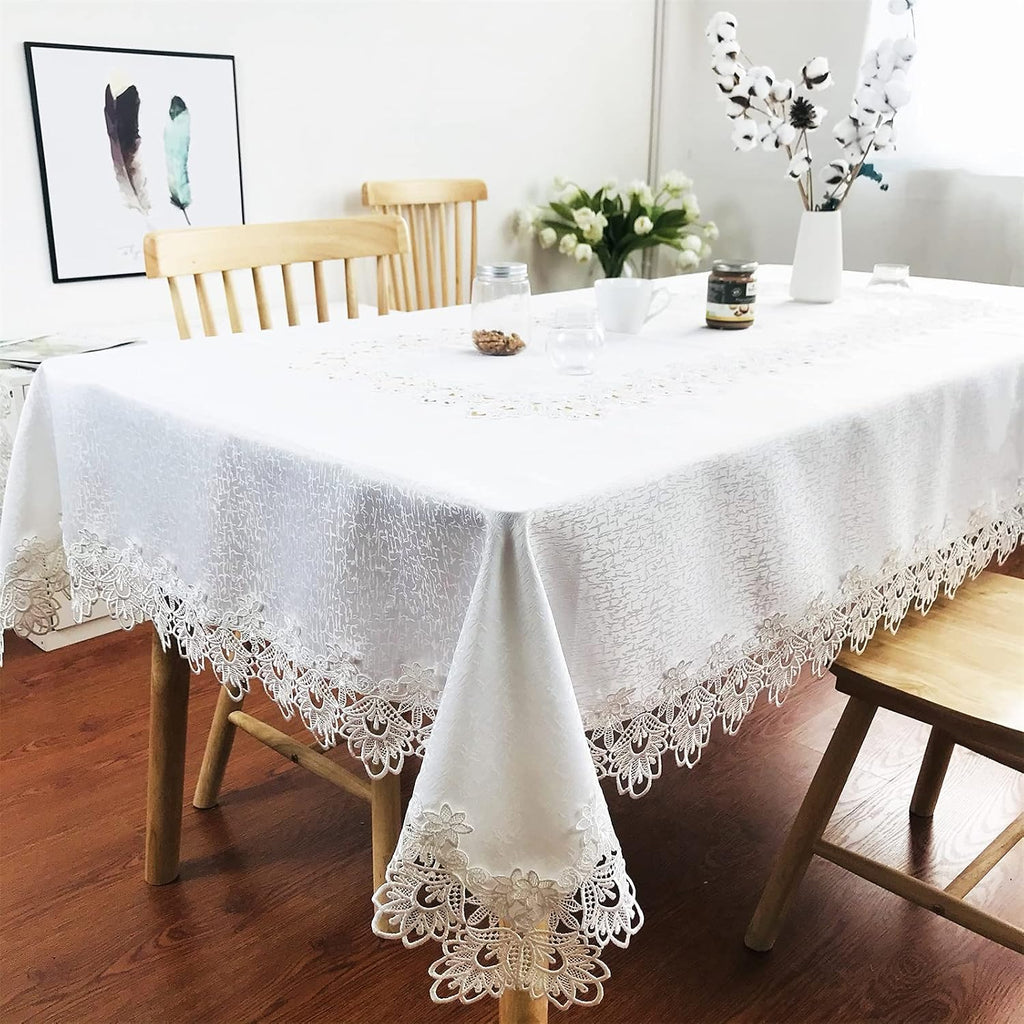 Lace Tablecloth for Rectangle Dining Tables 52 x 70 Inches White Peonies Lace Vintage Party Wedding Fabric Washable