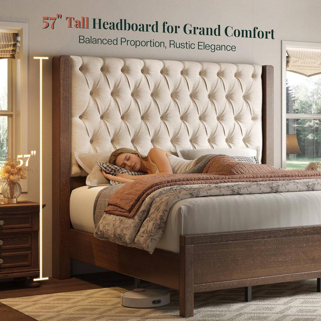 Solid Wood Queen Bed Frame, 57" Tall Farmhouse Platform Beds, Upholstered Line Wingback Headboard, Deep Button