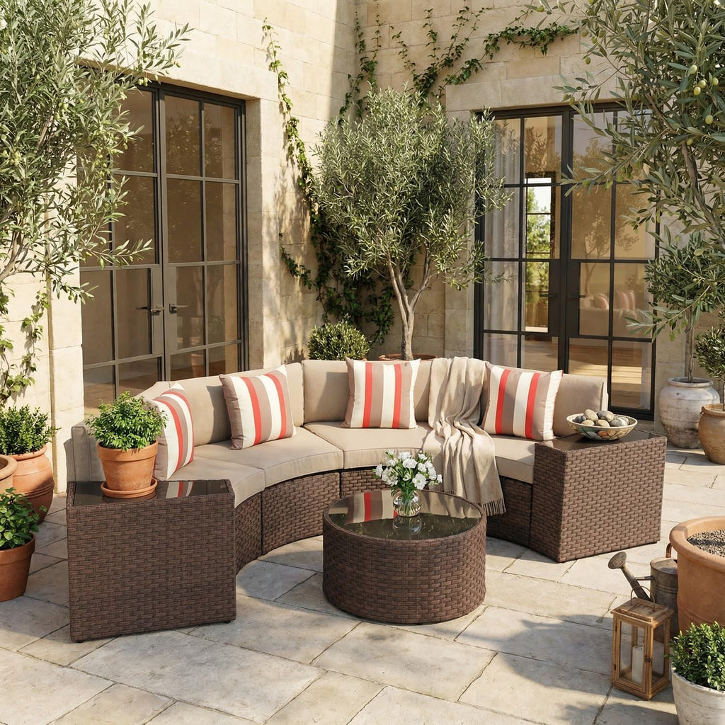 7-Piece Modular Outdoor Curved Sectional Patio Conversation Set | with Round Coffee Table, Side Tables, Waterproof