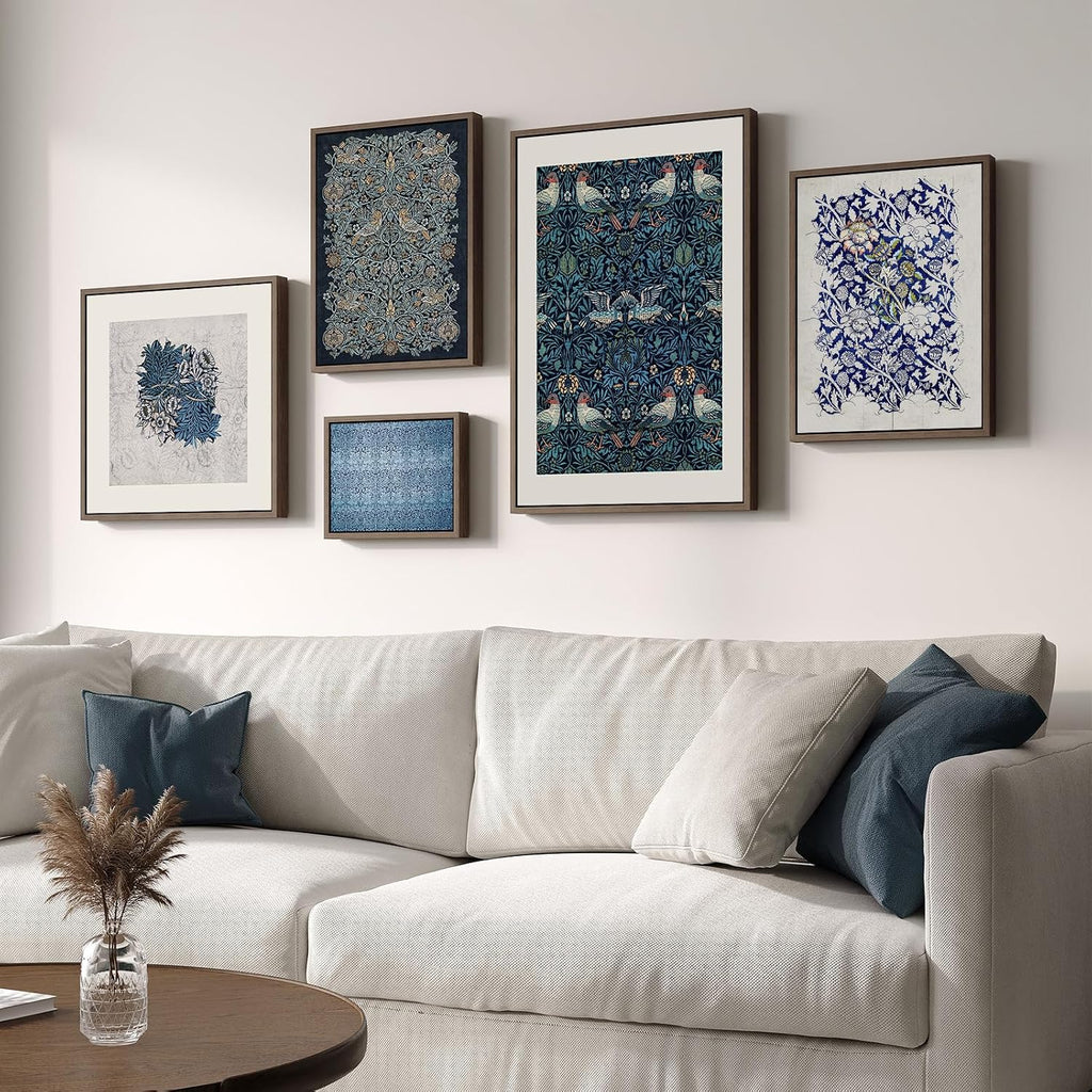 Framed William Morris Wall Art , 5 Piece Large Vintage Blue Canvas Prints Set, Floral Botanical and Bird Pattern