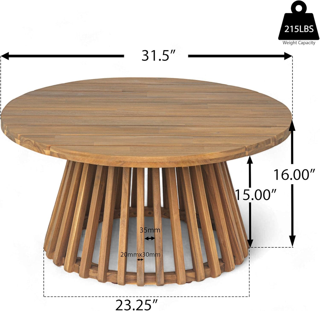 Outdoor Acacia Wood Conversation Set, 3-Seat Loveseat Sofa w/Coushion and Round Coffee Table for Backyard, Patio