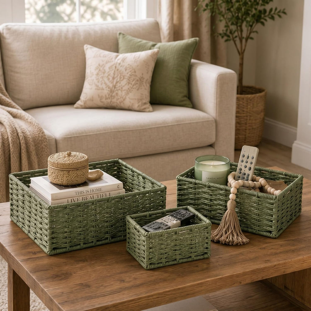 Sage Green Storage Baskets Set 4 Pack Rustic Paper Rope Woven Decorative Basket Organizer in 3 Size Storage Bin Box