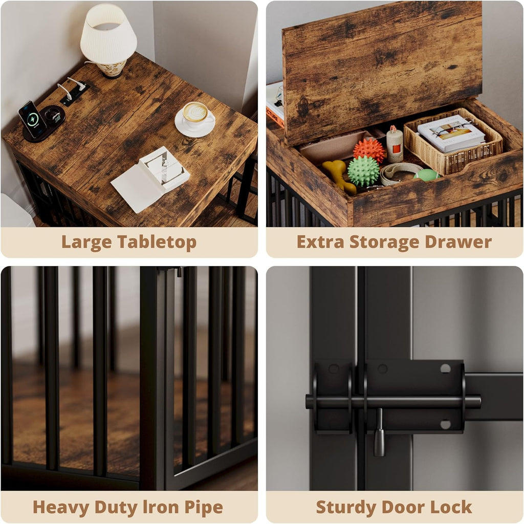 Dog Crate Furniture for Small Dogs, Wooden Dog Kennel with Flip Top Drawer