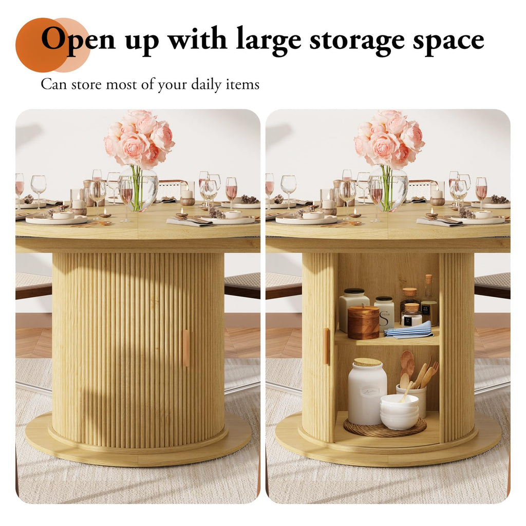47-63in Extendable Round Dining Table for 4-8, Modern Kitchen Oval Dining Table with 2-Layer Storage Shelf, Wood