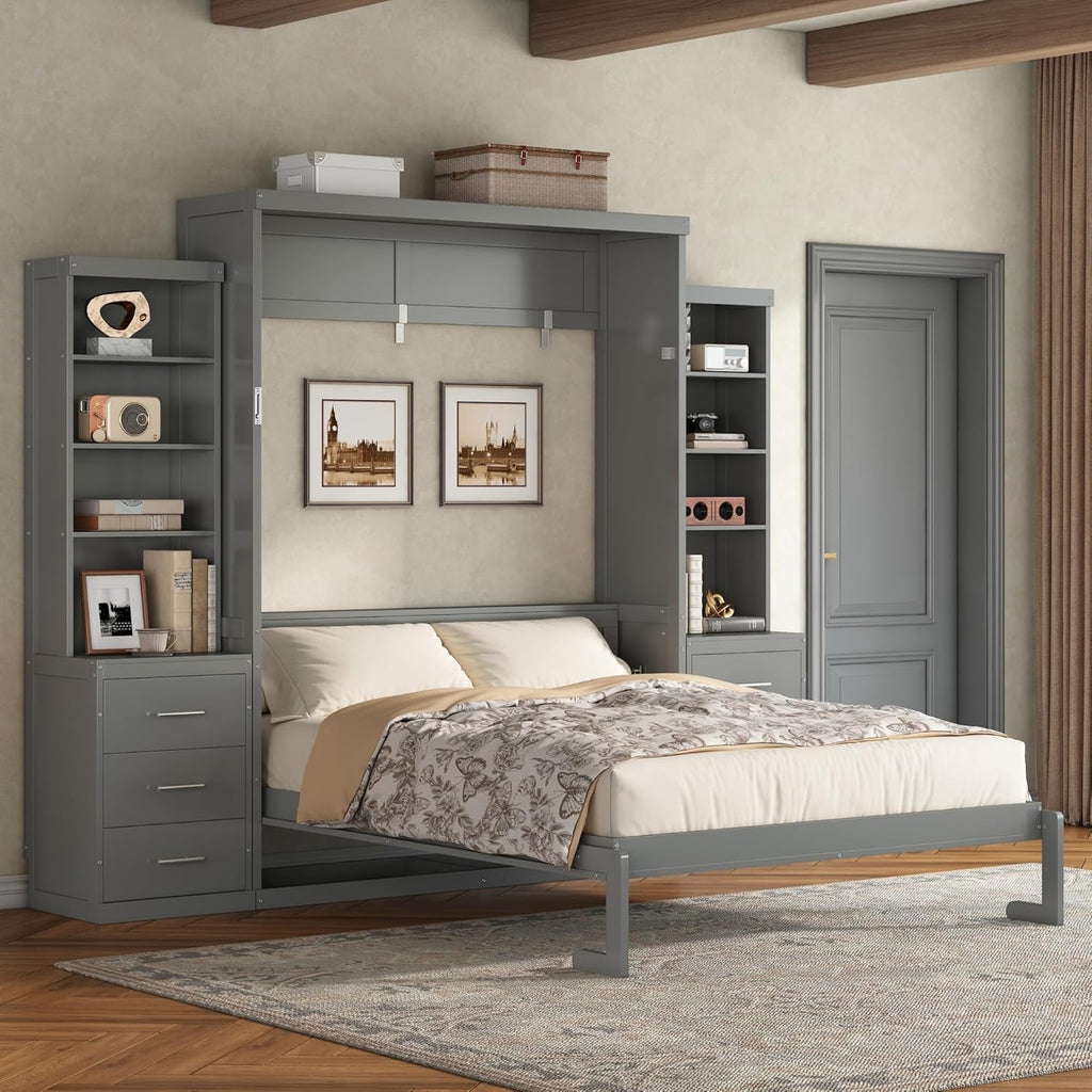 Murphy Bed Queen,Murphy Bed with Storage Shelves and Drawers,Wall Bedframe w/Wood Slatk,can be Folded,No Box Spring