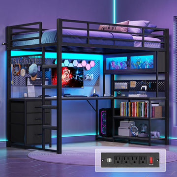 Twin Loft Bed with L-Shaped Gaming Desk, Storage Drawers & Hutch, Expanded Safety Power Outlet