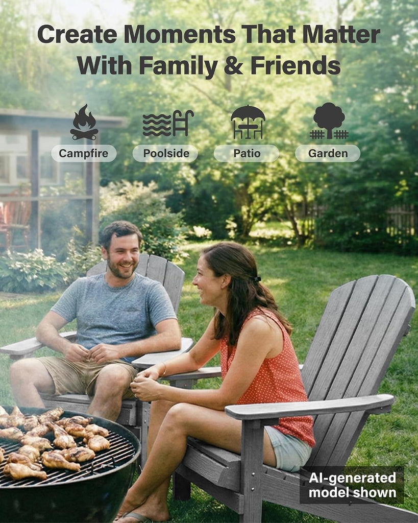 Adirondack Chairs Set of 2 with Cup Holder, Weather Resistant, Grey | HIPS Plastic Outdoor Fire Pit Chairs with Wood